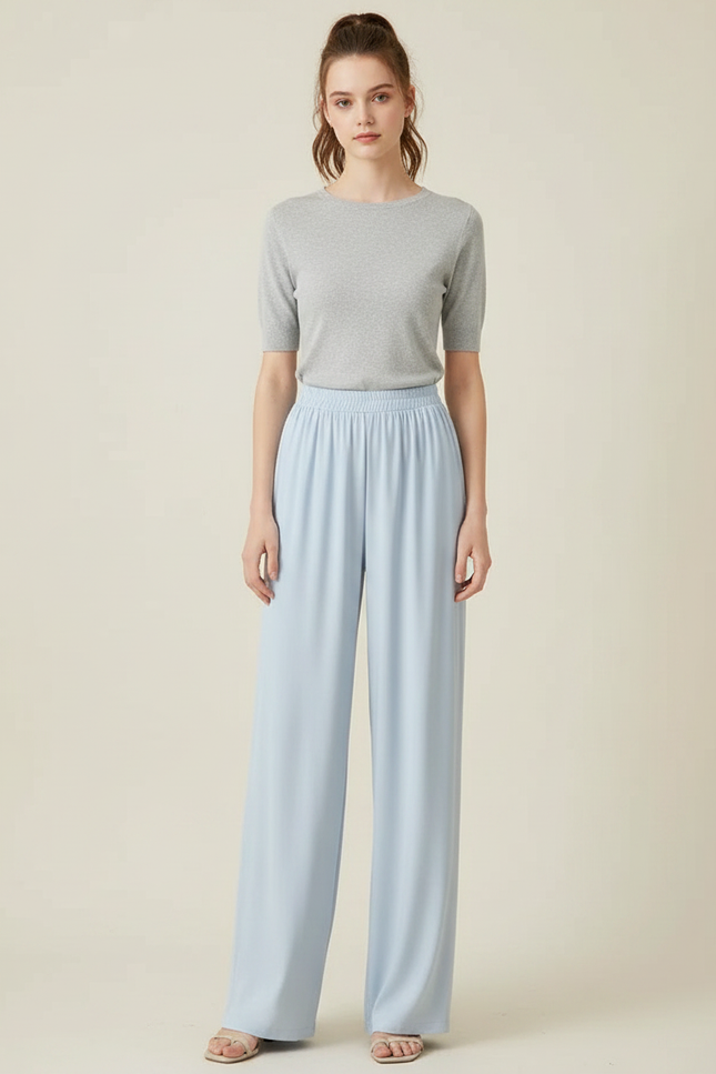 Pantalon Fluide Bleu Ciel Ample Taille Haute Satiné