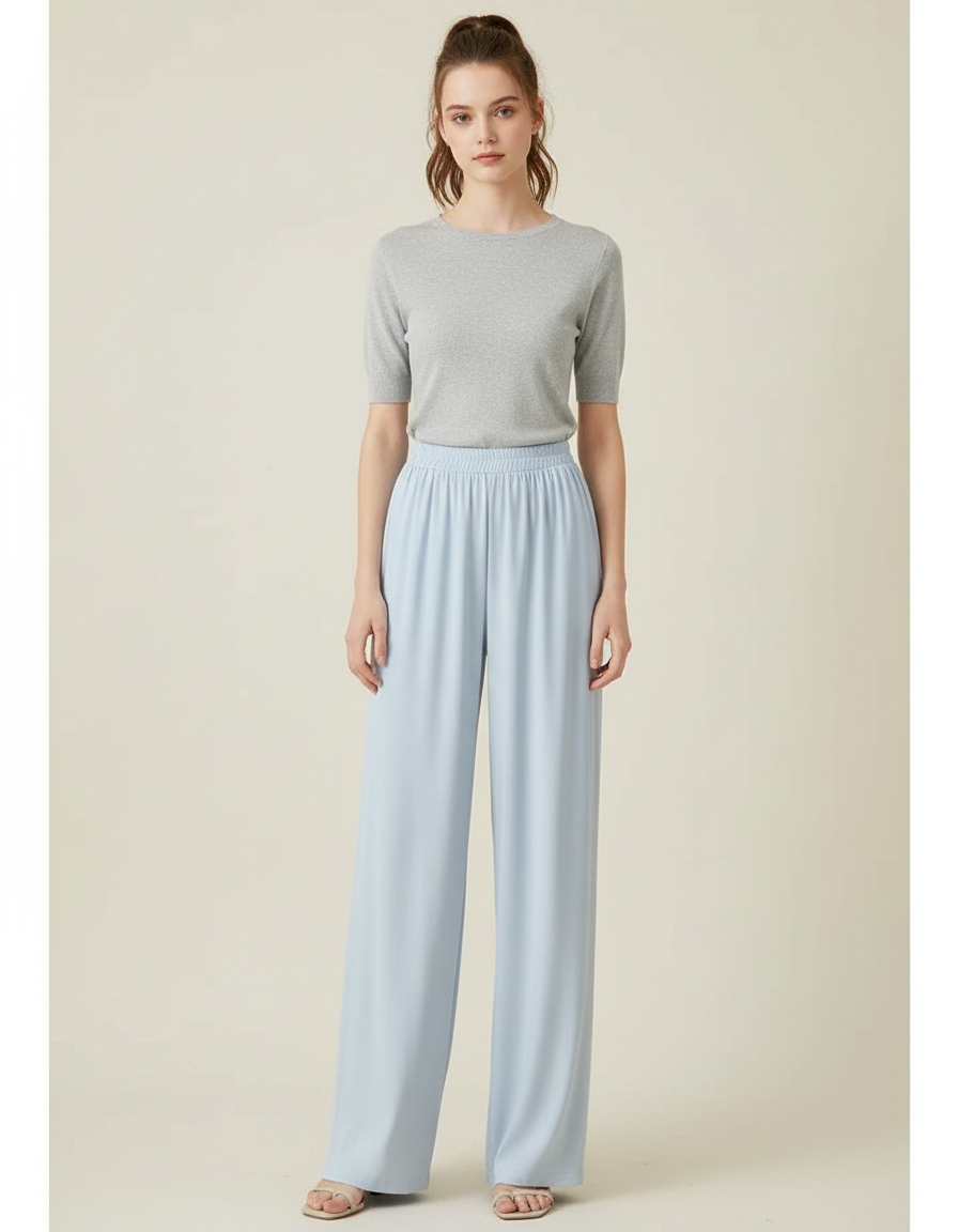 Pantalon Fluide Bleu Ciel Ample Taille Haute Satiné