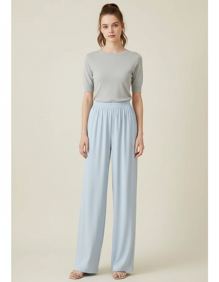 Pantalon Fluide Bleu Ciel Ample Taille Haute Satiné