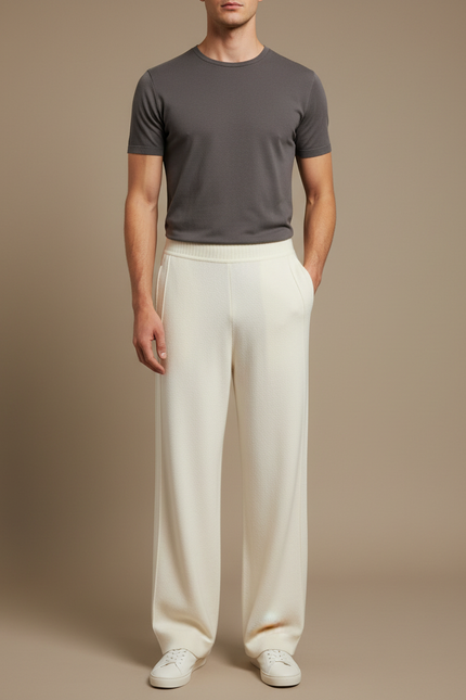 Pantalon Fluide Écru Ample Cachemire Tricoté Homme - Beige Maille