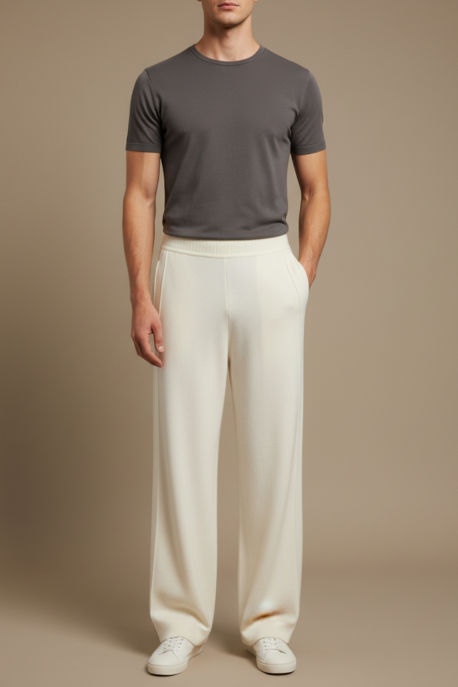 Pantalon Fluide Écru Ample Cachemire Tricoté Homme - Beige Maille