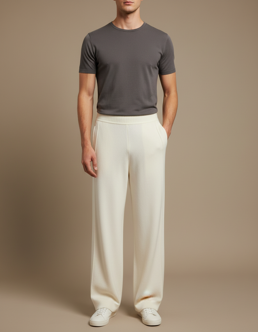 Pantalon Fluide Écru Ample Cachemire Tricoté Homme - Beige Maille