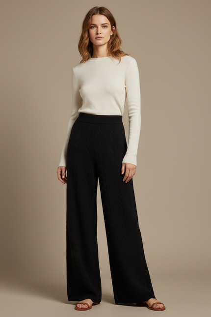 Pantalon Fluide Noir Ample Maille Câblée Laine Mérinos