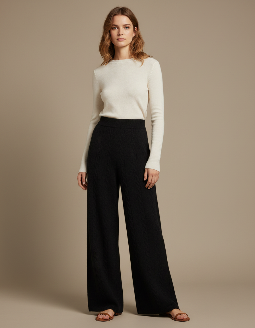 Pantalon Fluide Noir Ample Maille Câblée Laine Mérinos