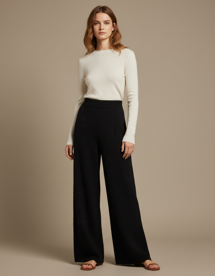Pantalon Fluide Noir Ample Maille Câblée Laine Mérinos