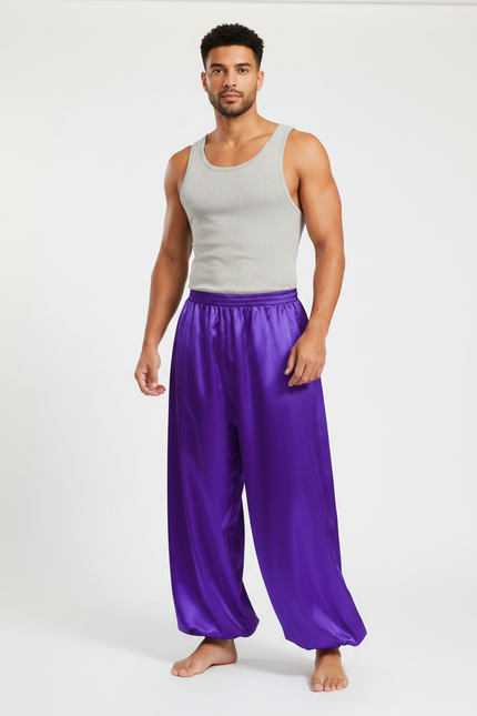 Pantalon Fluide Satiné Violet Ample Homme Scène