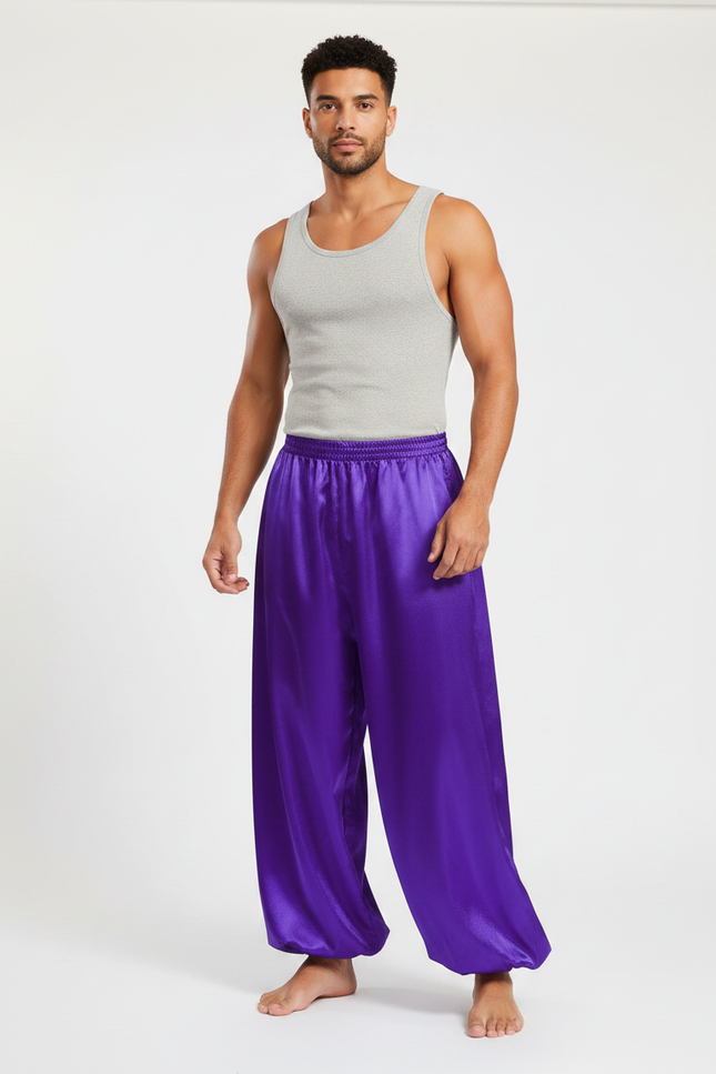 Pantalon Fluide Satiné Violet Ample Homme Scène