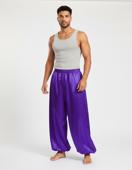 Pantalon Fluide Satiné Violet Ample Homme Scène
