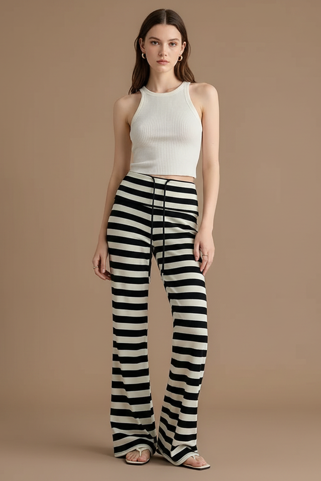 Pantalon Fluide Rayé Noir Évasé Taille Basse - Multicolore Maille