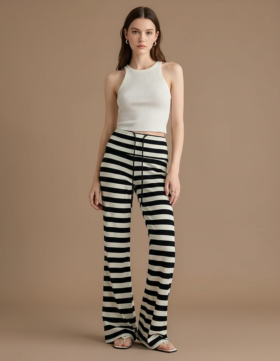 Pantalon Fluide Rayé Noir Évasé Taille Basse - Multicolore Maille