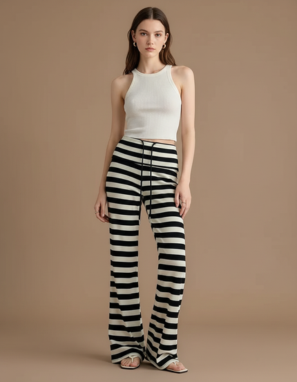 Pantalon Fluide Rayé Noir Évasé Taille Basse - Multicolore Maille