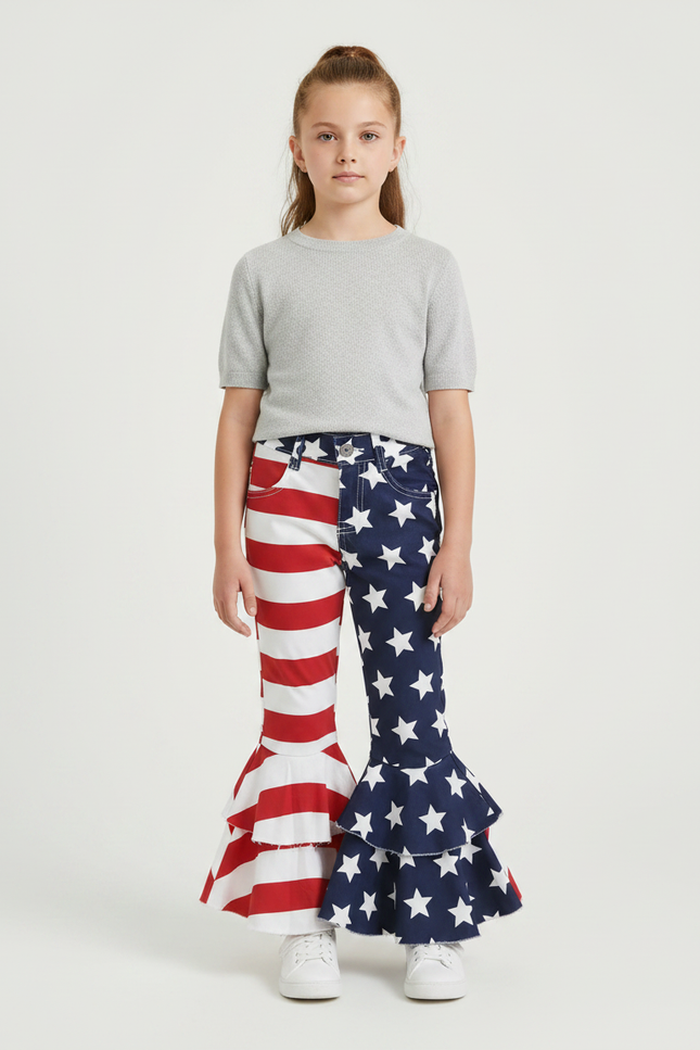 Pantalon Fluide Drapeaux Américains Évasé Volants Enfant - Multicolore Jean