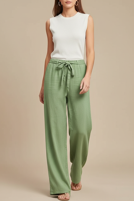 Pantalon Fluide Vert Ample Coton Ceinture Nouée - Lin