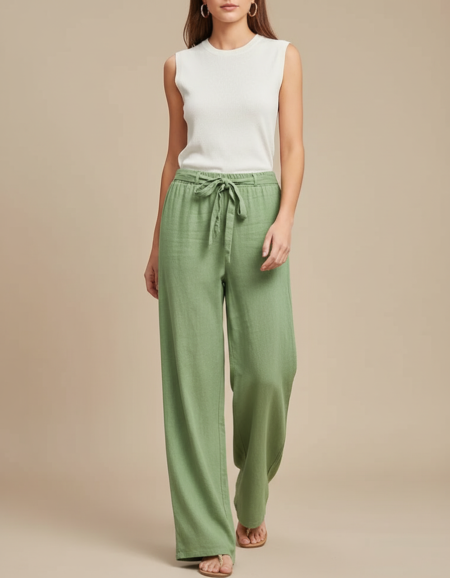 Pantalon Fluide Vert Ample Coton Ceinture Nouée - Lin