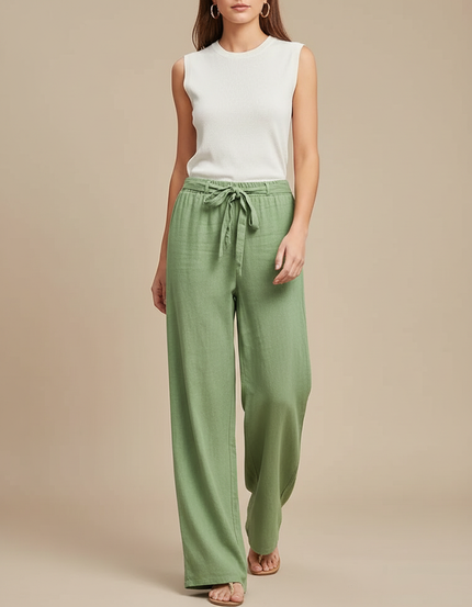 Pantalon Fluide Vert Ample Coton Ceinture Nouée - Lin