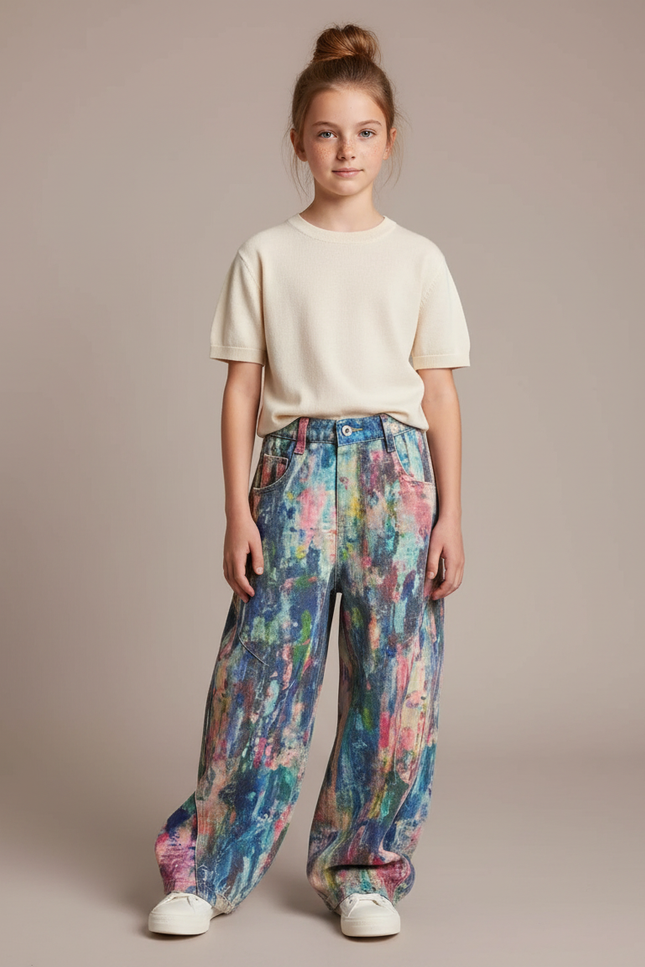 Pantalon Fluide Imprimé Abstrait Baggy Coloré Enfant - Multicolore Jean