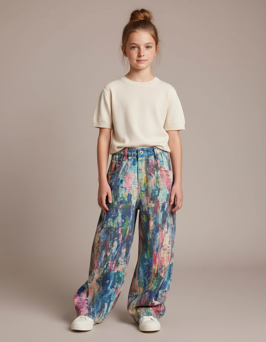 Pantalon Fluide Imprimé Abstrait Baggy Coloré Enfant - Multicolore Jean