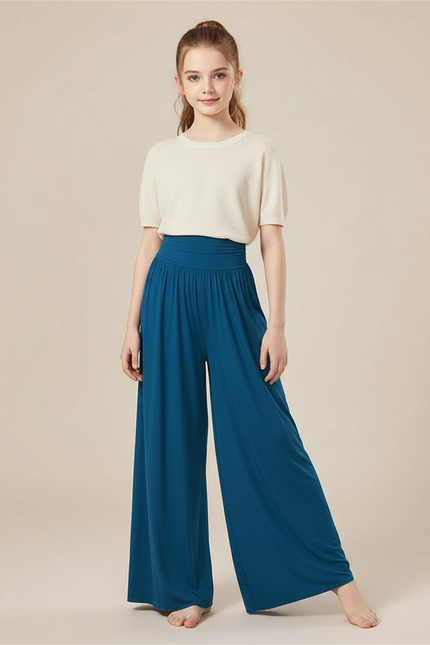 Pantalon Fluide Bleu Canard Ample Taille Haute Danse - Viscose