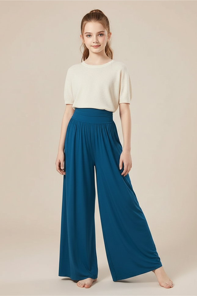 Pantalon Fluide Bleu Canard Ample Taille Haute Danse - Viscose