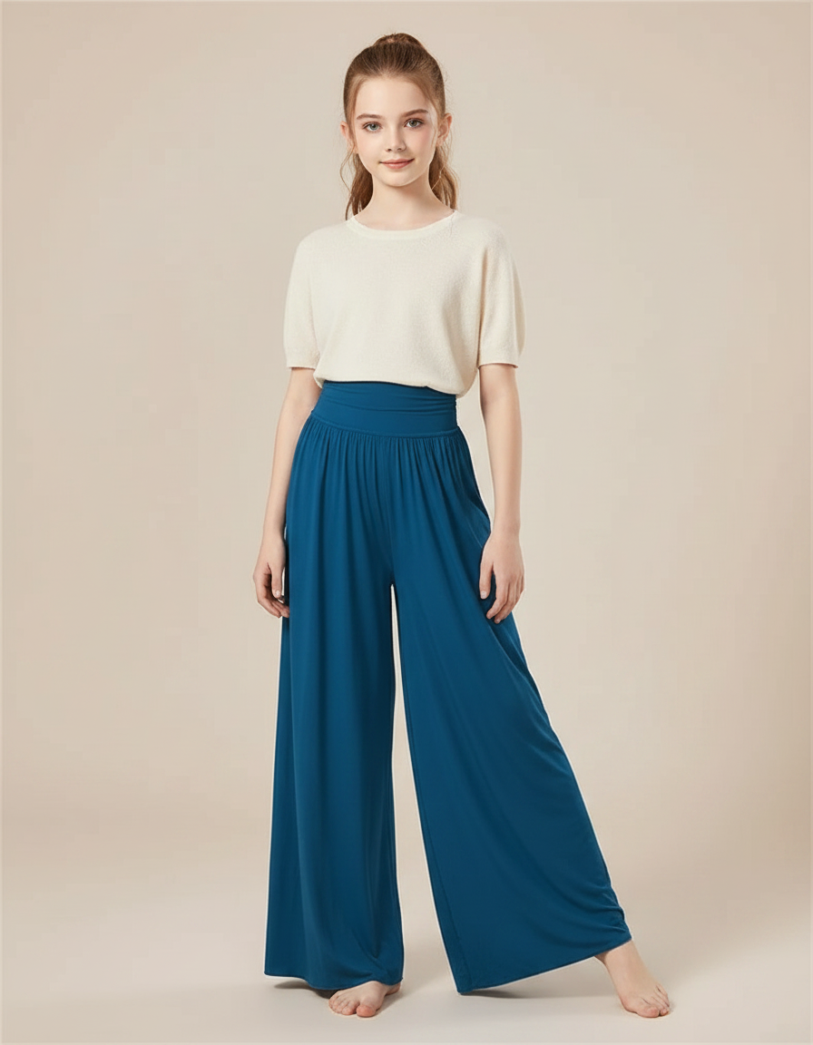 Pantalon Fluide Bleu Canard Ample Taille Haute Danse - Viscose