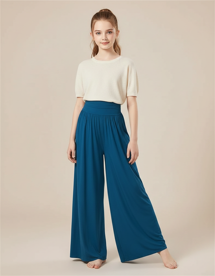 Pantalon Fluide Bleu Canard Ample Taille Haute Danse - Viscose