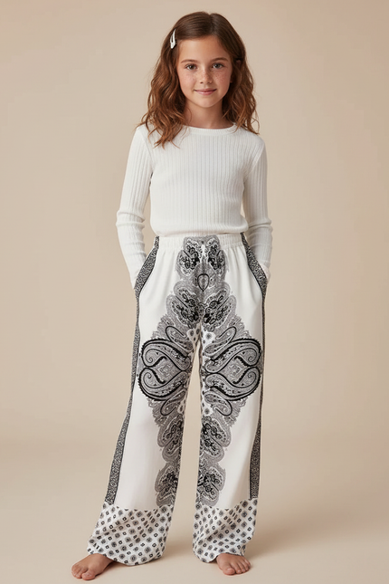Pantalon Fluide Blanc Imprimé Paisley Ample Fille - Viscose