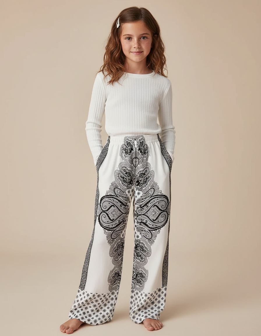 Pantalon Fluide Blanc Imprimé Paisley Ample Fille - Viscose