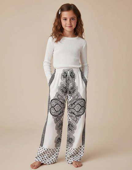 Pantalon Fluide Blanc Imprimé Paisley Ample Fille - Viscose
