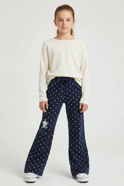 Pantalon Fluide Bleu Marine Pois Blancs Évasé Enfant - Molleton