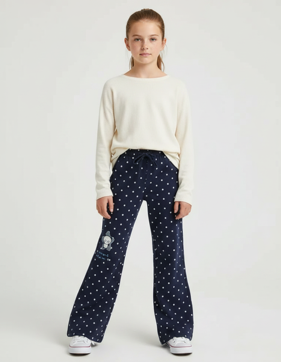 Pantalon Fluide Bleu Marine Pois Blancs Évasé Enfant - Molleton
