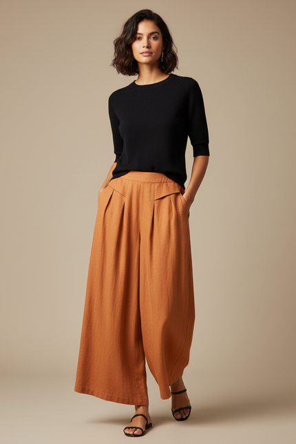 Pantalon Fluide Orange Lin Ample Taille Haute Élégant