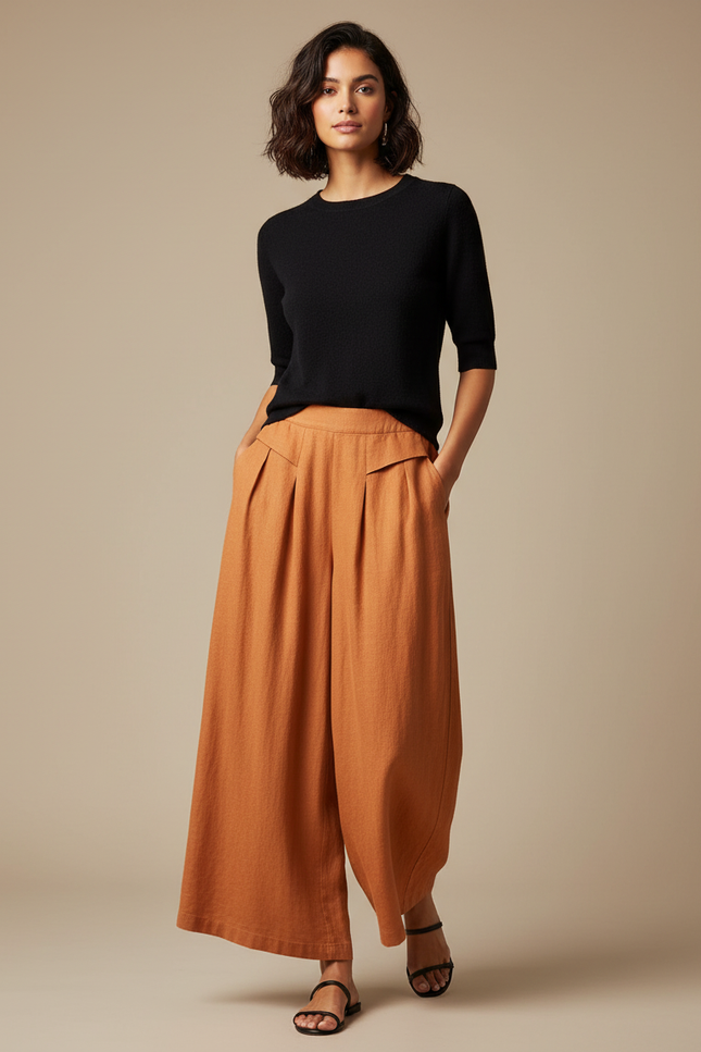 Pantalon Fluide Orange Lin Ample Taille Haute Élégant