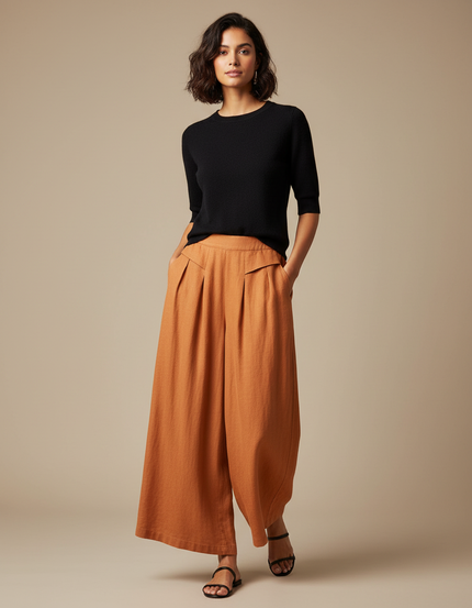 Pantalon Fluide Orange Lin Ample Taille Haute Élégant