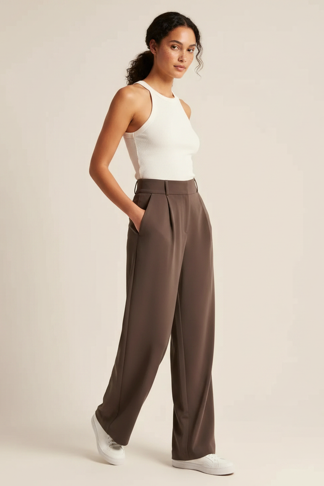 Pantalon Fluide Marron Ample Taille Haute Plissé Femme - Polyester