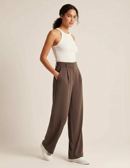 Pantalon Fluide Marron Ample Taille Haute Plissé Femme - Polyester