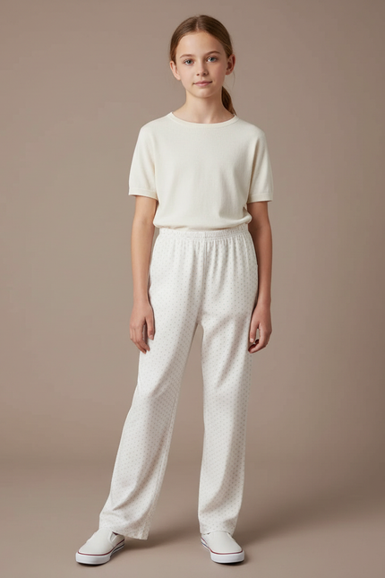 Pantalon Fluide Blanc Pointillé Ample Décontracté Coton