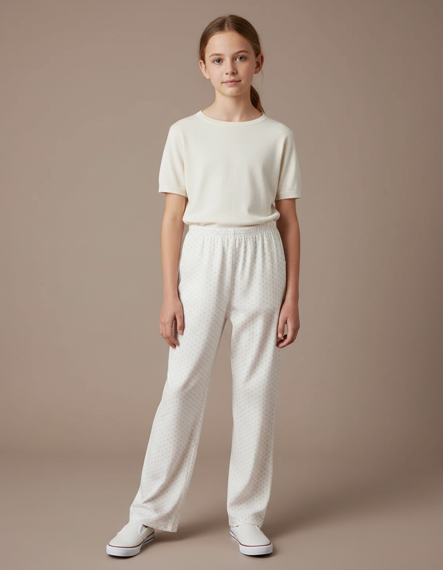 Pantalon Fluide Blanc Pointillé Ample Décontracté Coton