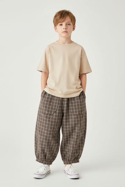 Pantalon Fluide Carreaux Marron Ample Enfants - Laine