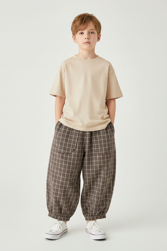 Pantalon Fluide Carreaux Marron Ample Enfants - Laine