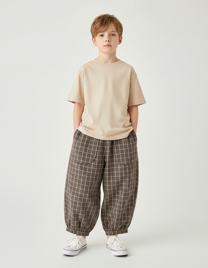 Pantalon Fluide Carreaux Marron Ample Enfants - Laine