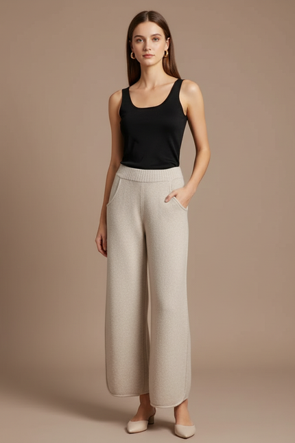 Pantalon Fluide Beige Laine Tricoté Ample Confortable Hiver
