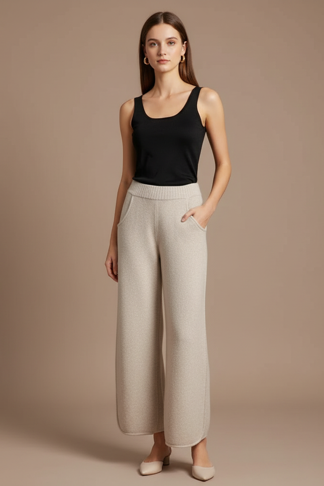 Pantalon Fluide Beige Laine Tricoté Ample Confortable Hiver