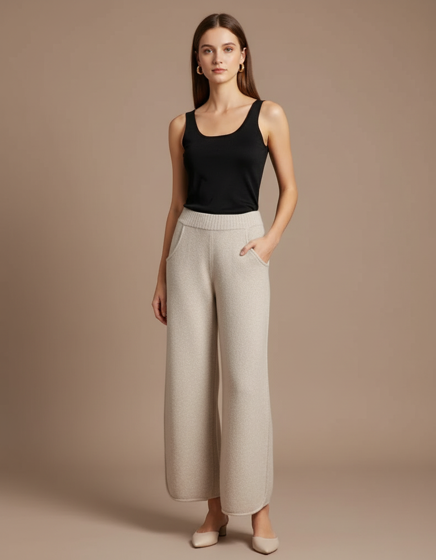 Pantalon Fluide Beige Laine Tricoté Ample Confortable Hiver