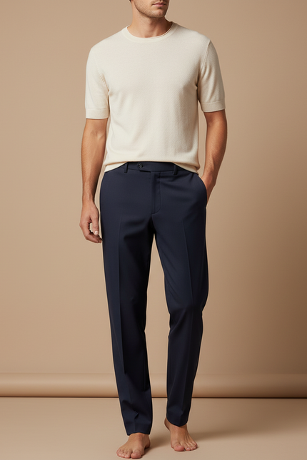 Pantalon Fluide Bleu Marine Droit Extensible Élégant Homme - Polyester