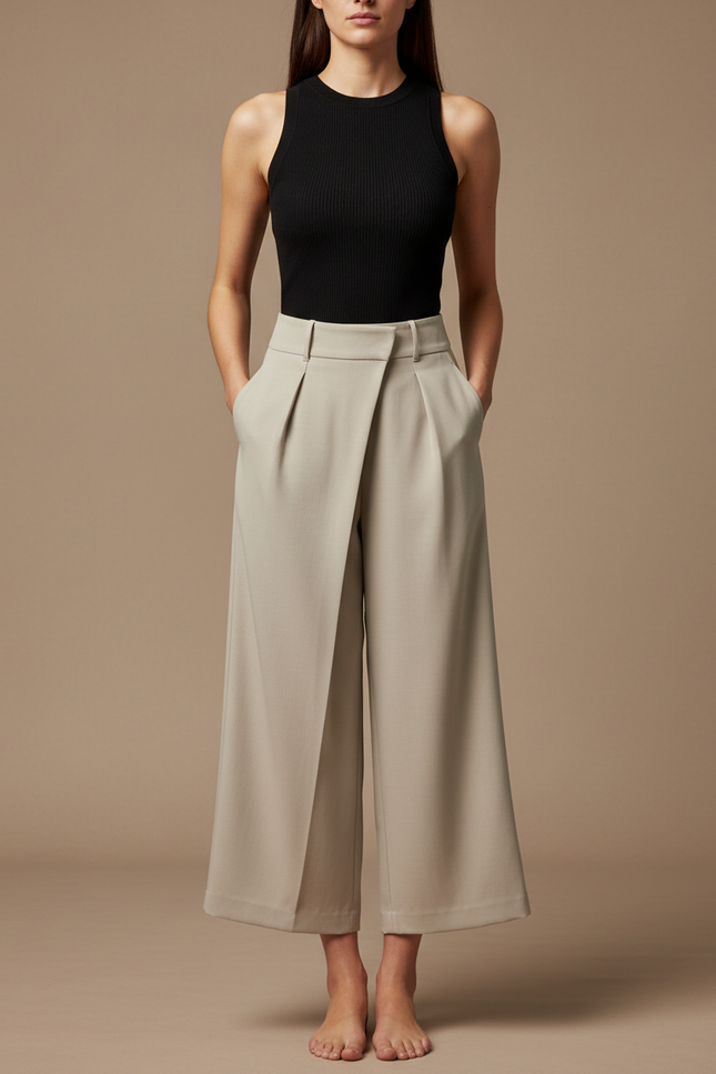 Pantalon Fluide Beige Large Élégant Croisé Femme - Gabardine