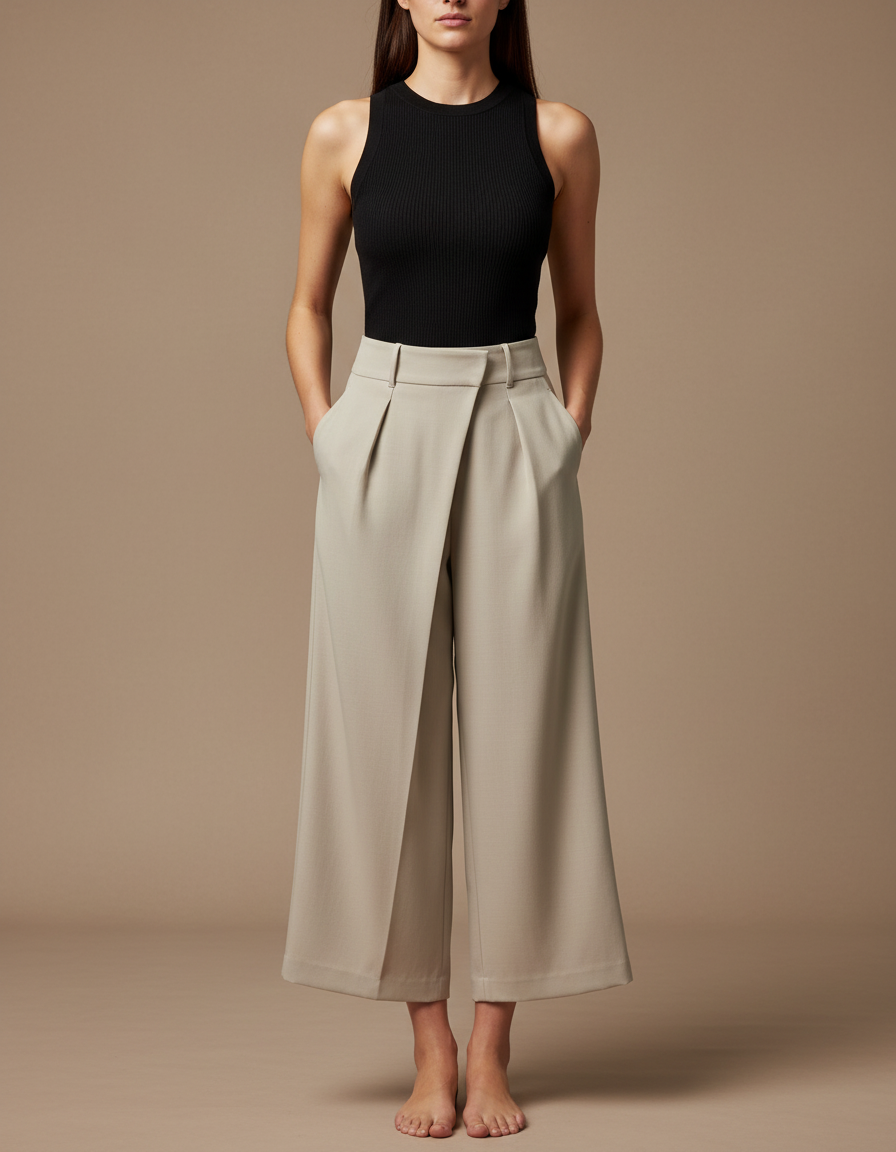 Pantalon Fluide Beige Large Élégant Croisé Femme - Gabardine