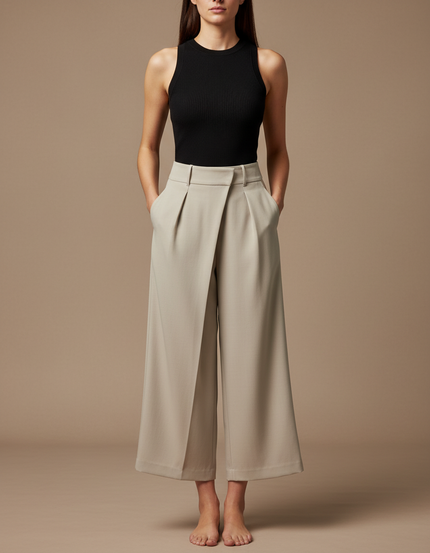 Pantalon Fluide Beige Large Élégant Croisé Femme - Gabardine