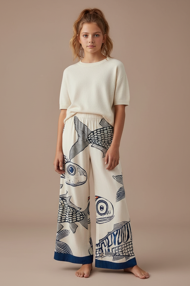 Pantalon Fluide Blanc Imprimé Poissons Ample Décontracté - Viscose
