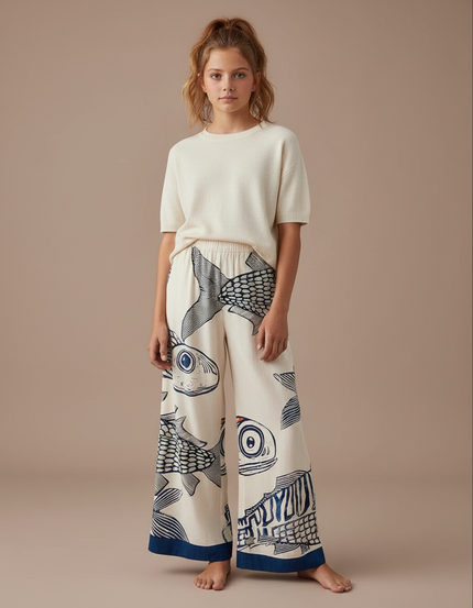 Pantalon Fluide Blanc Imprimé Poissons Ample Décontracté - Viscose