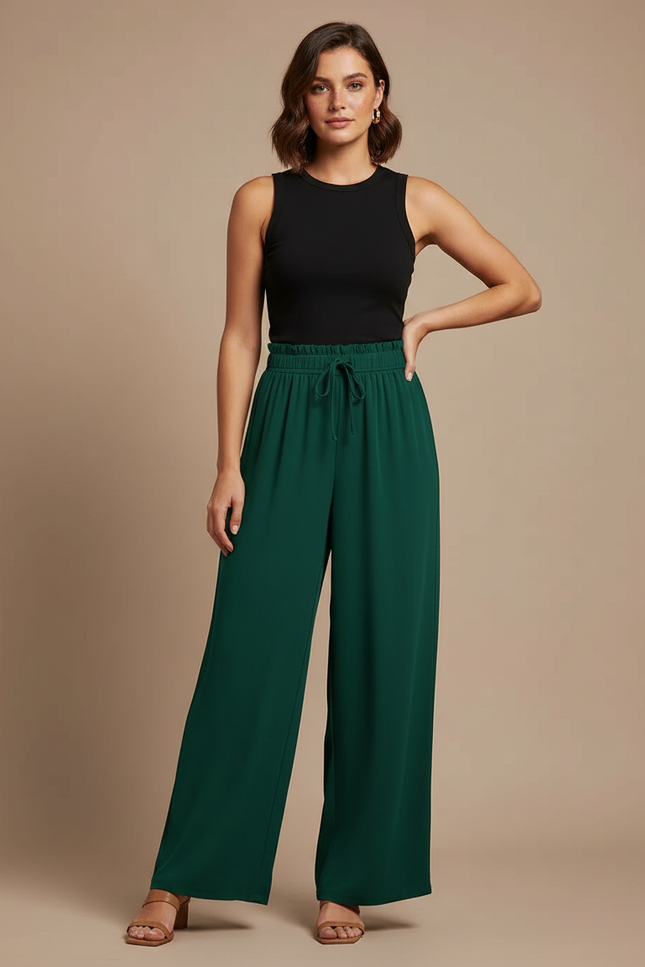 Pantalon Fluide Vert Émeraude Ample Taille Haute Confortable - Polyester